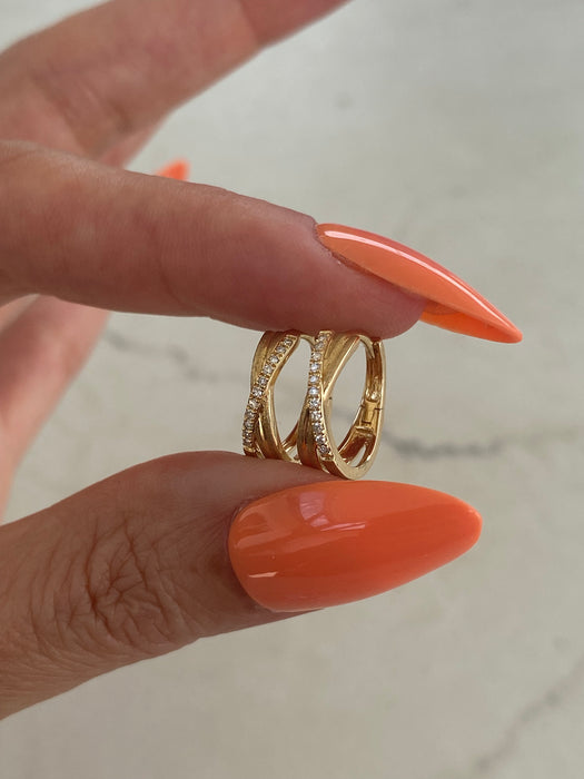 14K Gold Brushed Diamond Crossed Huggie Earrings