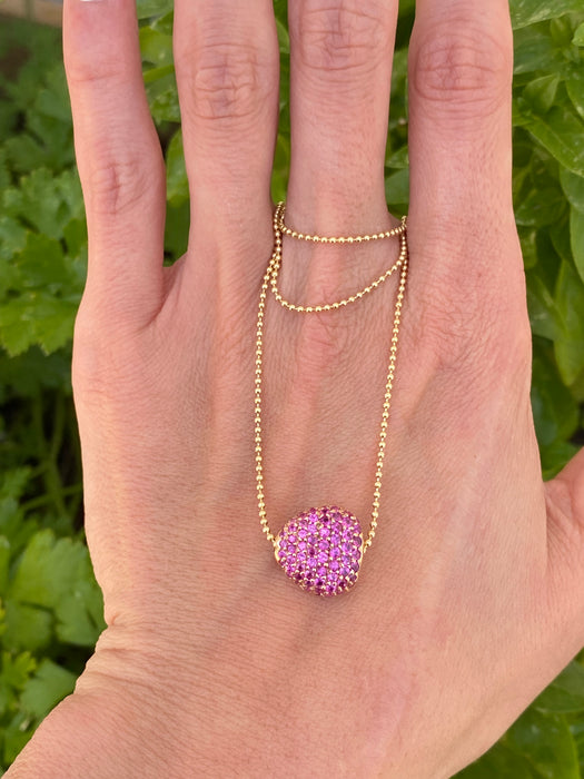 14K Gold Bead Chain Necklace with 18K Rose Gold Pink Sapphire Charm – 2.11 Carat Pink Sapphire