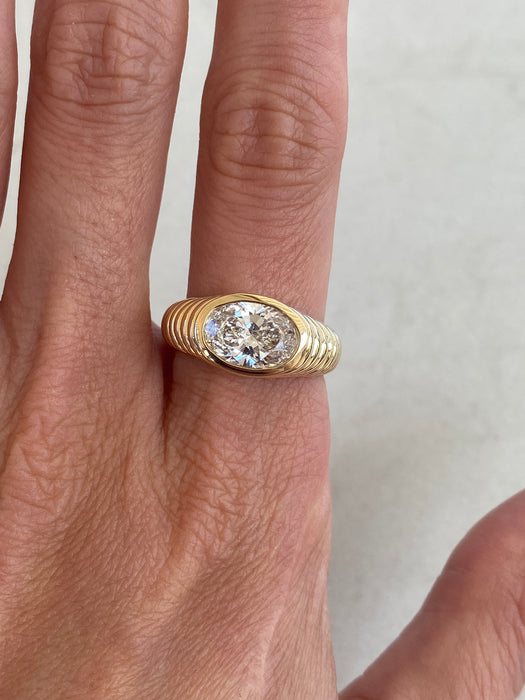 14K Gold Ribbed Bezel Set Lab Diamond Oval Ring – 2.09 Carat IGI Certified