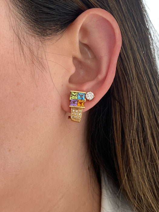Vintage 14K Rainbow Gemstone & Diamond Omega Back Earrings