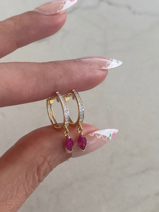 14K Gold Marquise Ruby & Diamond Huggie Earrings