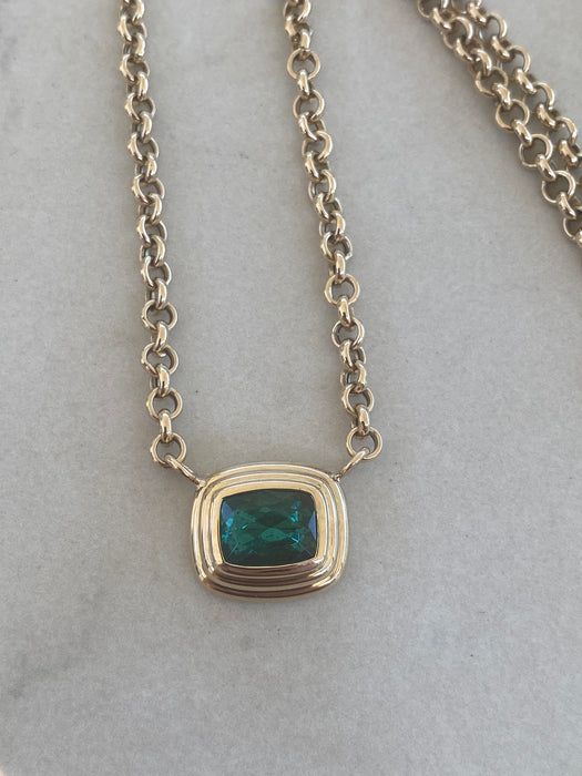 14K Gold 3.24 TCW Natural Blue-Green Tourmaline Rolo Necklace