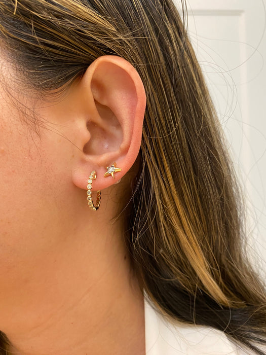14K Gold Bezel Set Natural Diamond Huggie Hoop Earrings