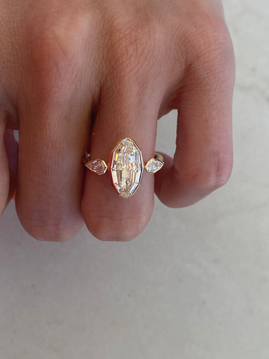 14K Bezel Set Lab Diamond Trilogy Ring – 3.46ct Oval Step Cut Center with Pear Side Stones (IGI Certified VVS2 F)