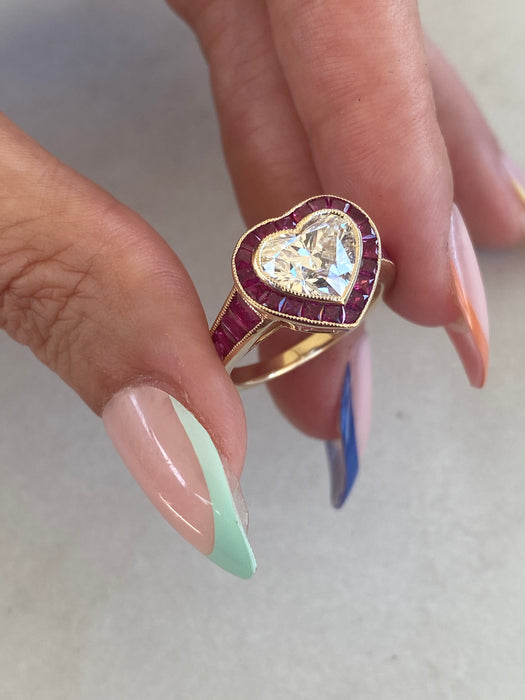 14K Lab Diamond Heart Ring with Natural Ruby Halo