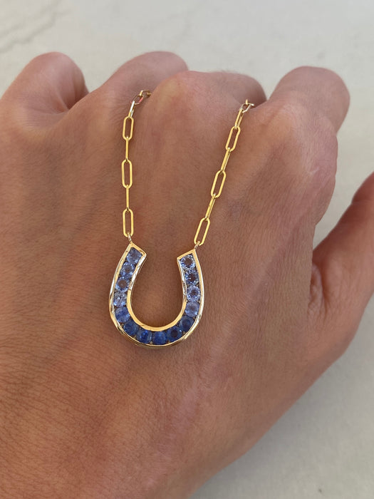 14K Gold Blue Sapphire Ombre Horseshoe Paperclip Necklace