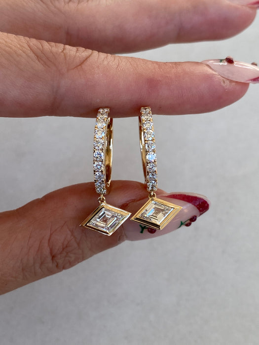 14K Gold Lab Diamond Lozenge Charm Hoop Earrings