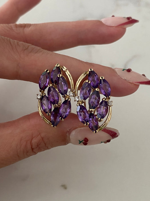 Vintage 14K Gold Marquise Amethyst & Diamond Earrings with Omega Backings