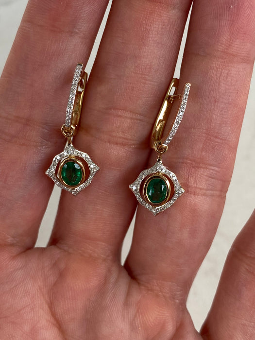 14K Gold Natural Emerald & Diamond Huggie Drop Earrings