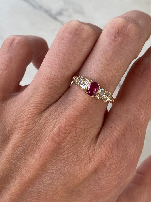 Vintage 18K Ruby & Diamond Ring with Baguette Accents