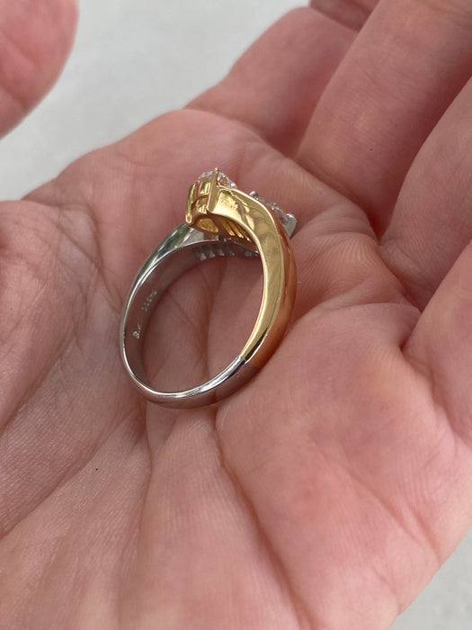 Vintage 18K Gold & Platinum Natural Heart Diamond Bypass Ring