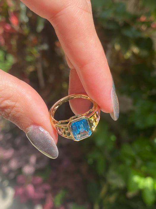 18k blue topaz, peridot, citrine amethyst ring size 6.5