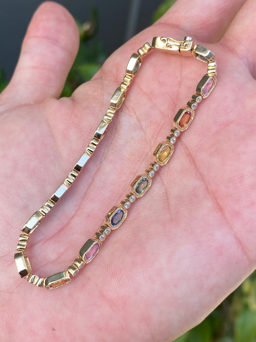 14k rainbow sapphire diamond tennis bracelet 7”