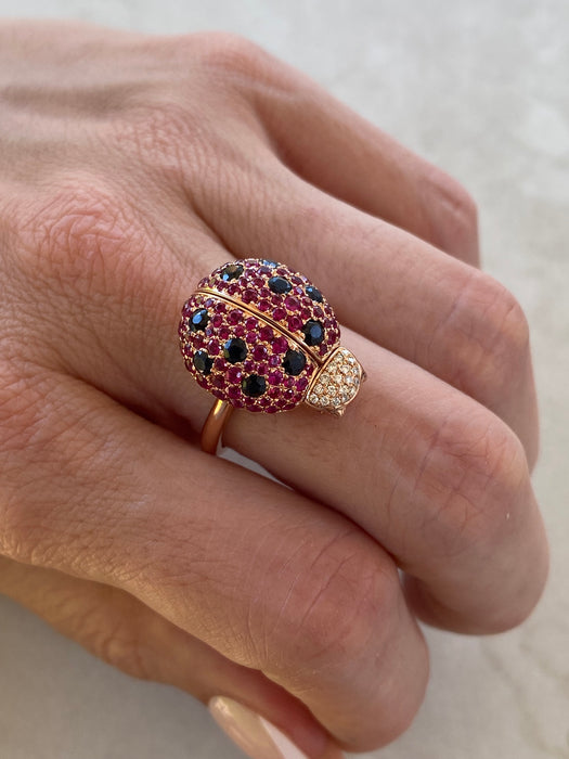 18K Rose Gold Ruby & Diamond Ladybug Ring with Hidden Opal