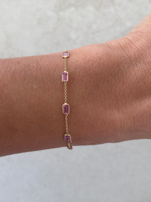14K Gold Emerald-Cut Pink Sapphire Charm Bracelet