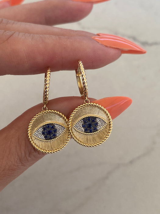 14K Gold Evil Eye Sapphire & Diamond Huggie Earrings