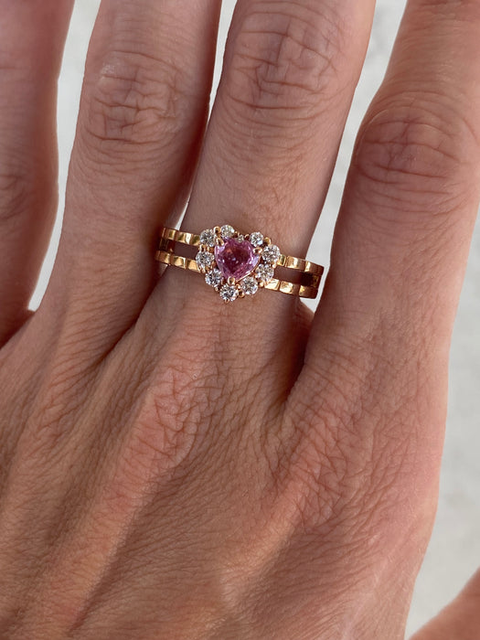 Vintage 18K Rose Gold Pink Sapphire Heart Ring with Diamond Halo – Size 7