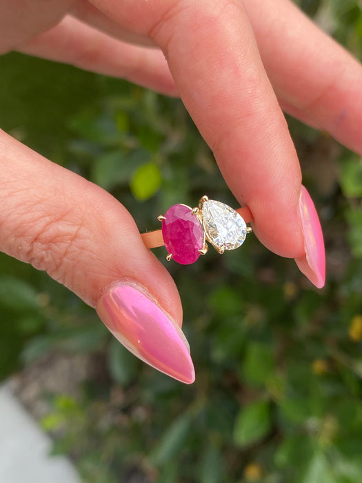 14K Gold Ruby & Pear Diamond Ring – 1 Carat Oval Ruby, 1 Carat Pear Lab Diamond, Size 4.75