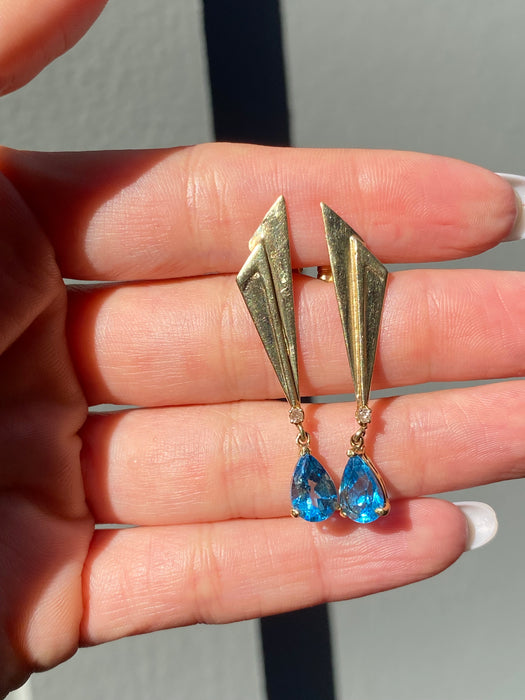 Vintage 14K Gold Blue Topaz Diamond Dangle Earrings
