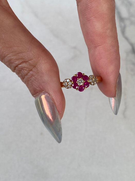 Vintage 18K Ruby & Diamond Triple Flower Ring