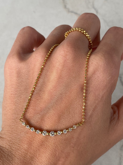 Vintage 18K Diamond-Cut Bead Necklace with Diamond Curve Bar