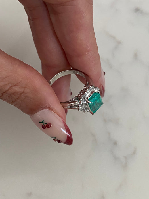 Vintage Platinum 900 GIA Colombian Emerald & Diamond Ballerina Ring | 1.53 CT Emerald | Size 5.75