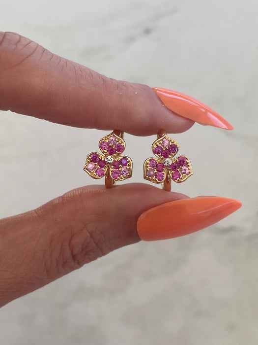 14K Gold Pink Sapphire, Ruby & Diamond Flower Huggie Earrings