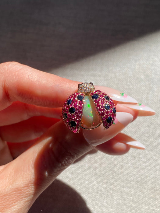 18K Rose Gold Ruby & Diamond Ladybug Ring with Hidden Opal