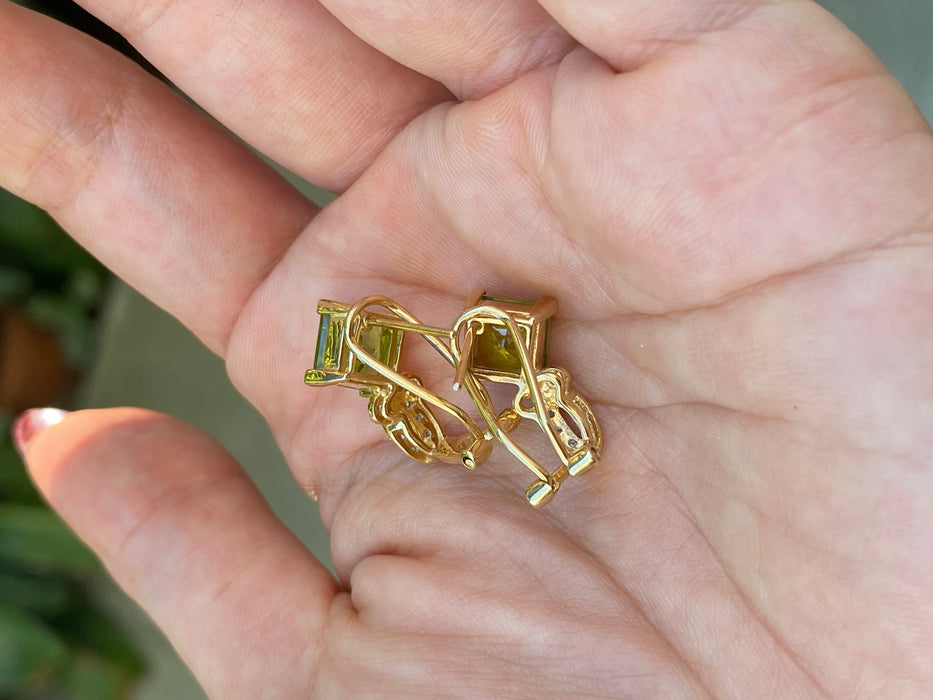 Vintage 14k Gold Peridot and Diamond Omega Back Earrings | Princess Cut Peridot