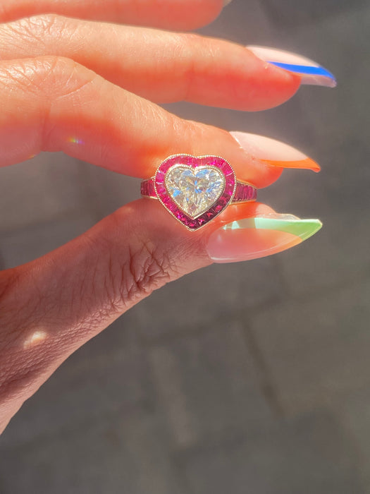 14K Lab Diamond Heart Ring with Natural Ruby Halo