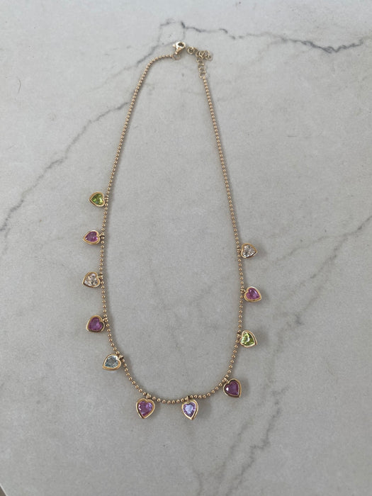 14K Multi-Gemstone Heart Station Bead Necklace