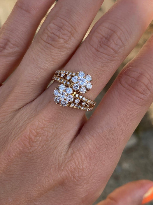 Vintage 18K Gold Diamond Bypass Flower Ring – 1.34 TCW – Size 6.5