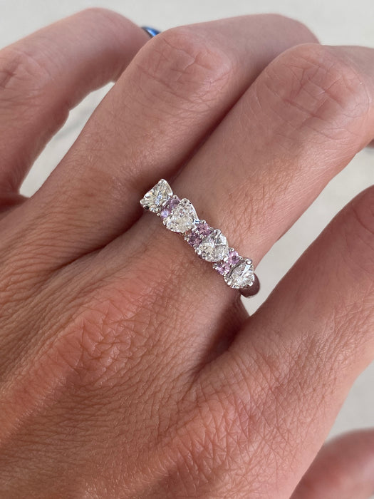 Vintage Platinum 900 Diamond Heart & Pink Sapphire Ring | Size 8