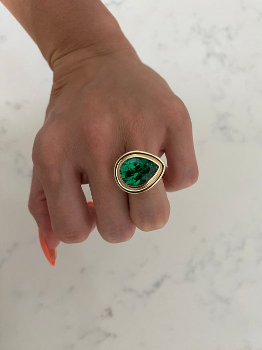 14K Gold Bezel-Set Lab Emerald Pear Pinky Ring