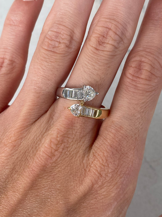 Vintage 18K Gold & Platinum Natural Heart Diamond Bypass Ring