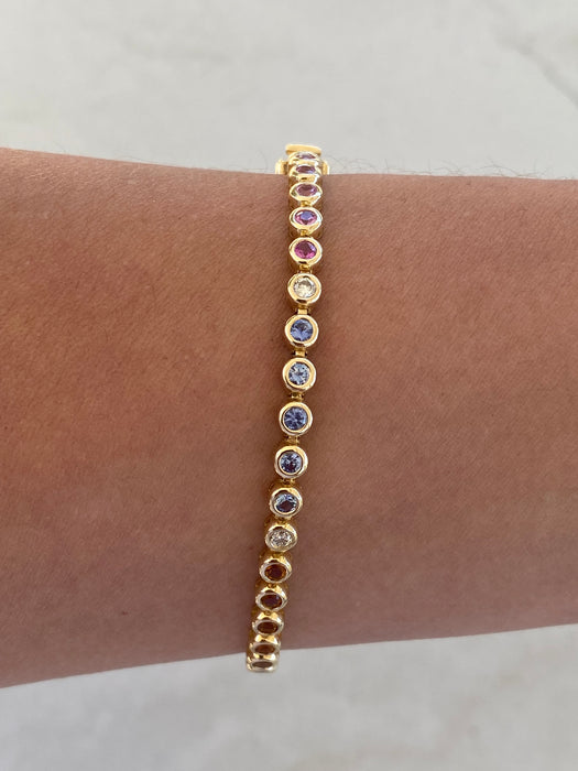 14K Gold Bezel Set Sapphire & Diamond Tennis Bracelet