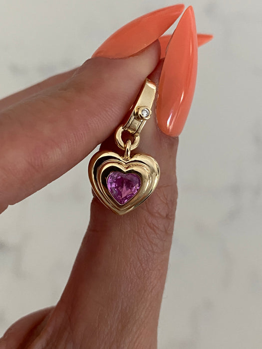 14K Gold Double Bezel Pink Sapphire Heart Charm