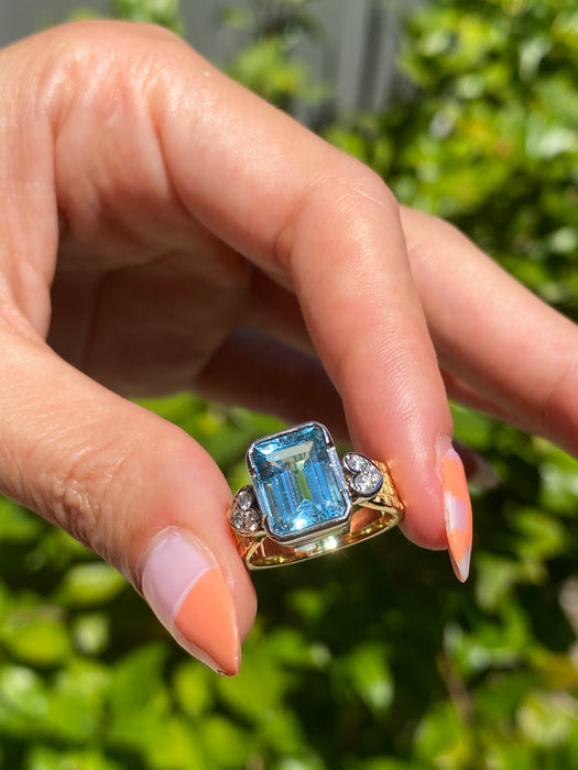 Platinum 900 18k aquamarine heart diamond ring size 4.75