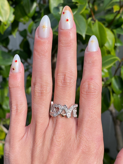 Vintage 18K White Gold Diamond Love Ring with Rose Gold Heart