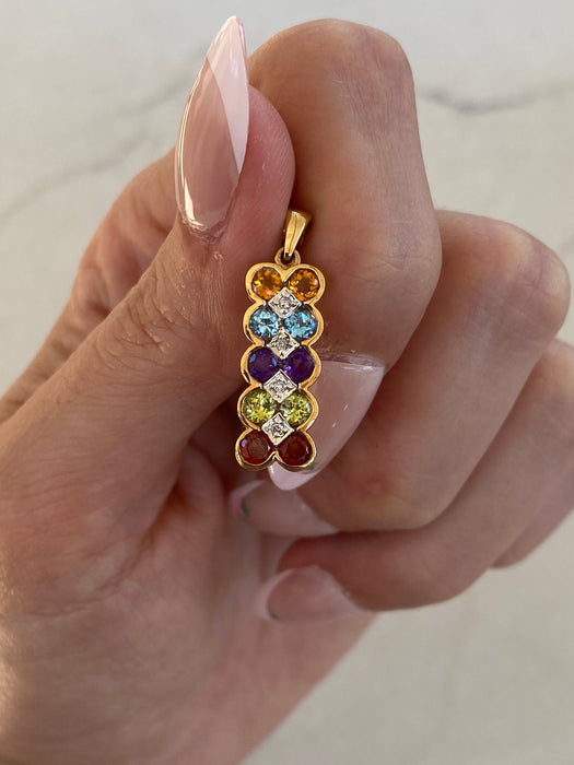 Vintage 14K Gold Rainbow Gemstone Slider Pendant with Diamond Accents