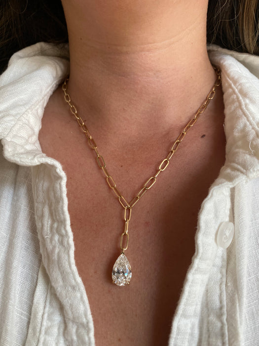 14K Paperclip Lariat Necklace with 5 Carat Pear Lab Diamond