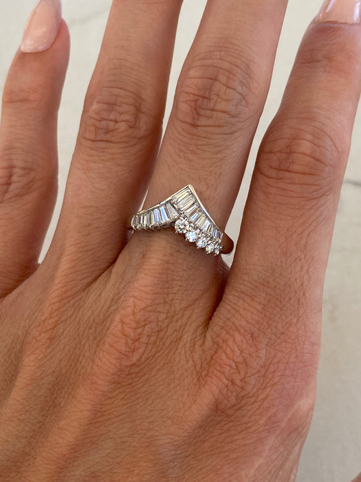 Vintage Platinum 900 Baguette & Diamond Chevron Ring