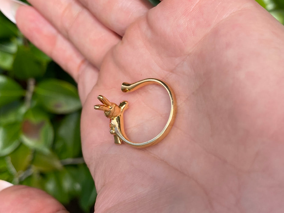 Vintage 18K Gold Orange Sapphire Rabbit Ring with Black Diamond Eye & Emerald Accent