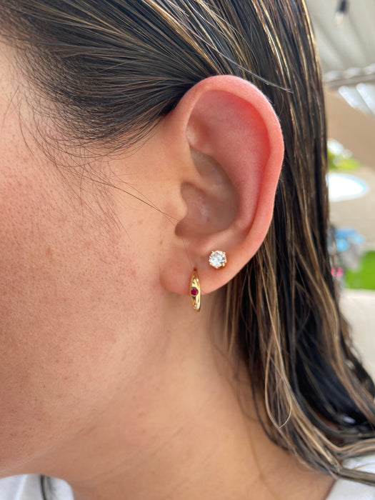 14K Gold Flush Set Ruby Huggie Earrings