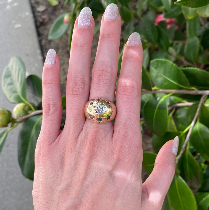 14k bombe with diamond blue sapphire emerald and ruby ring size 5