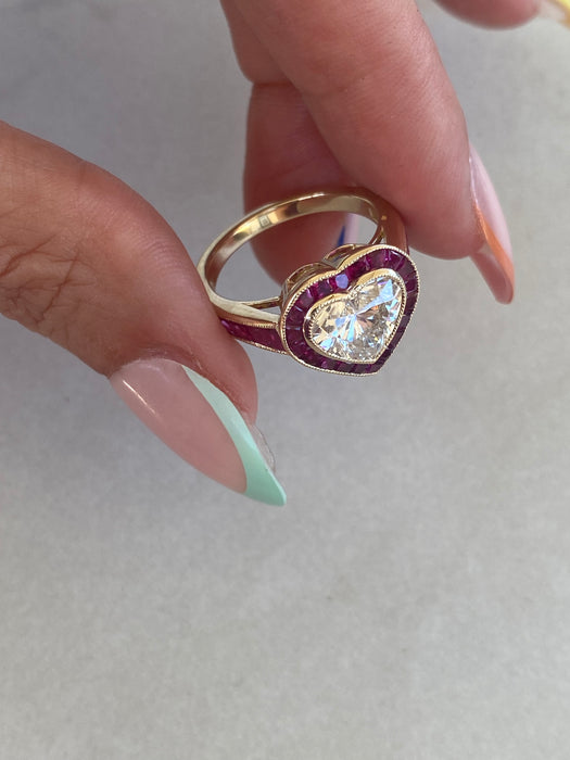 14K Lab Diamond Heart Ring with Natural Ruby Halo