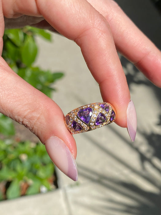 Vintage 18K Gold Amethyst Heart Ring with Diamond Accents – Size 7