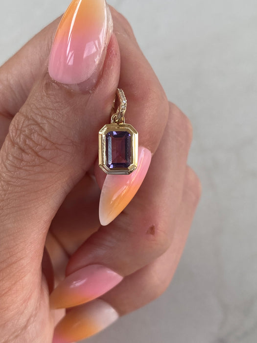 14K Emerald Cut Amethyst Pendant with Diamond-Set Enhancer Bail
