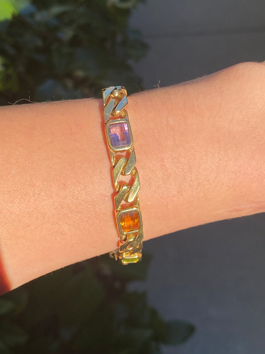 Vintage 14k Solid Gold Rainbow Gemstone Curb Bracelet | Emerald Cut Peridot Amethyst Citrine | 7”