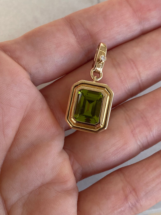 14K Natural Emerald Cut Peridot & Diamond Charm